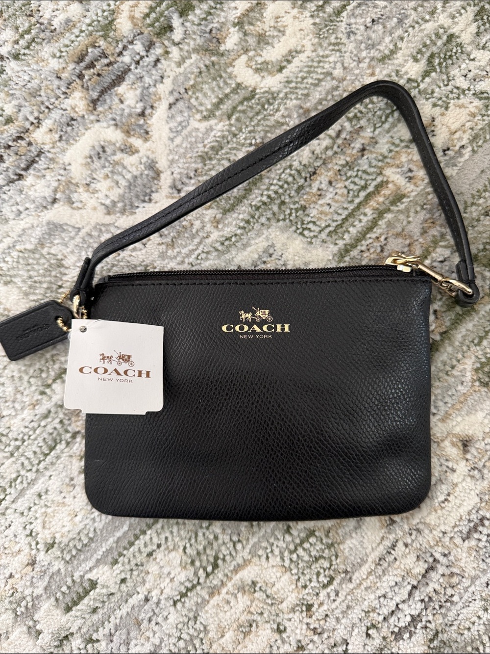 Coach Black Leather Wristlet with Gold Logo